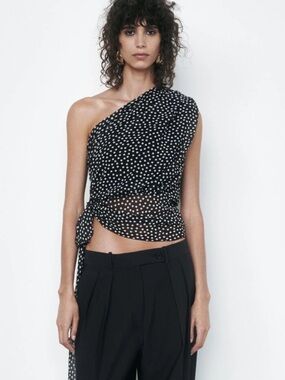 Zara Women's Asymmetric Chiffon Polka Dot Top